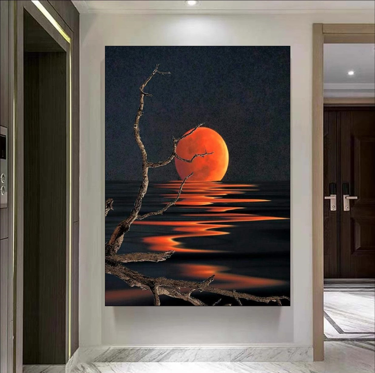Artistic depiction of a red sun setting over water with bare branches in the foreground.