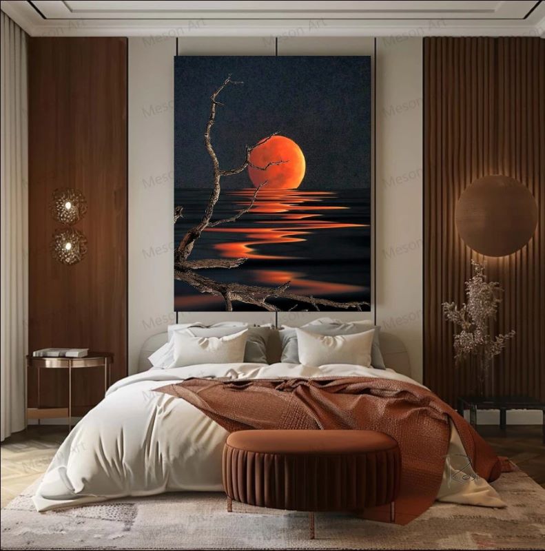 Artistic depiction of a red sun setting over water with bare branches in the foreground.