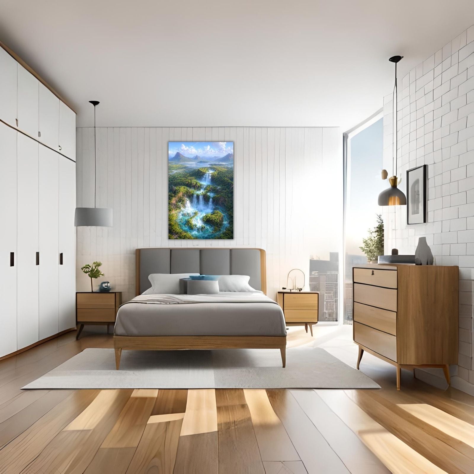 A panoramic surreal landscape painting showing an aerial view of turquoise waterfalls cascading through lush green islands into a mountain lake under a blue sky.