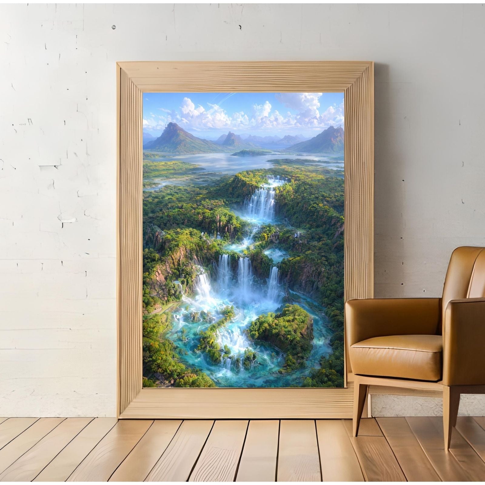 A panoramic surreal landscape painting showing an aerial view of turquoise waterfalls cascading through lush green islands into a mountain lake under a blue sky.
