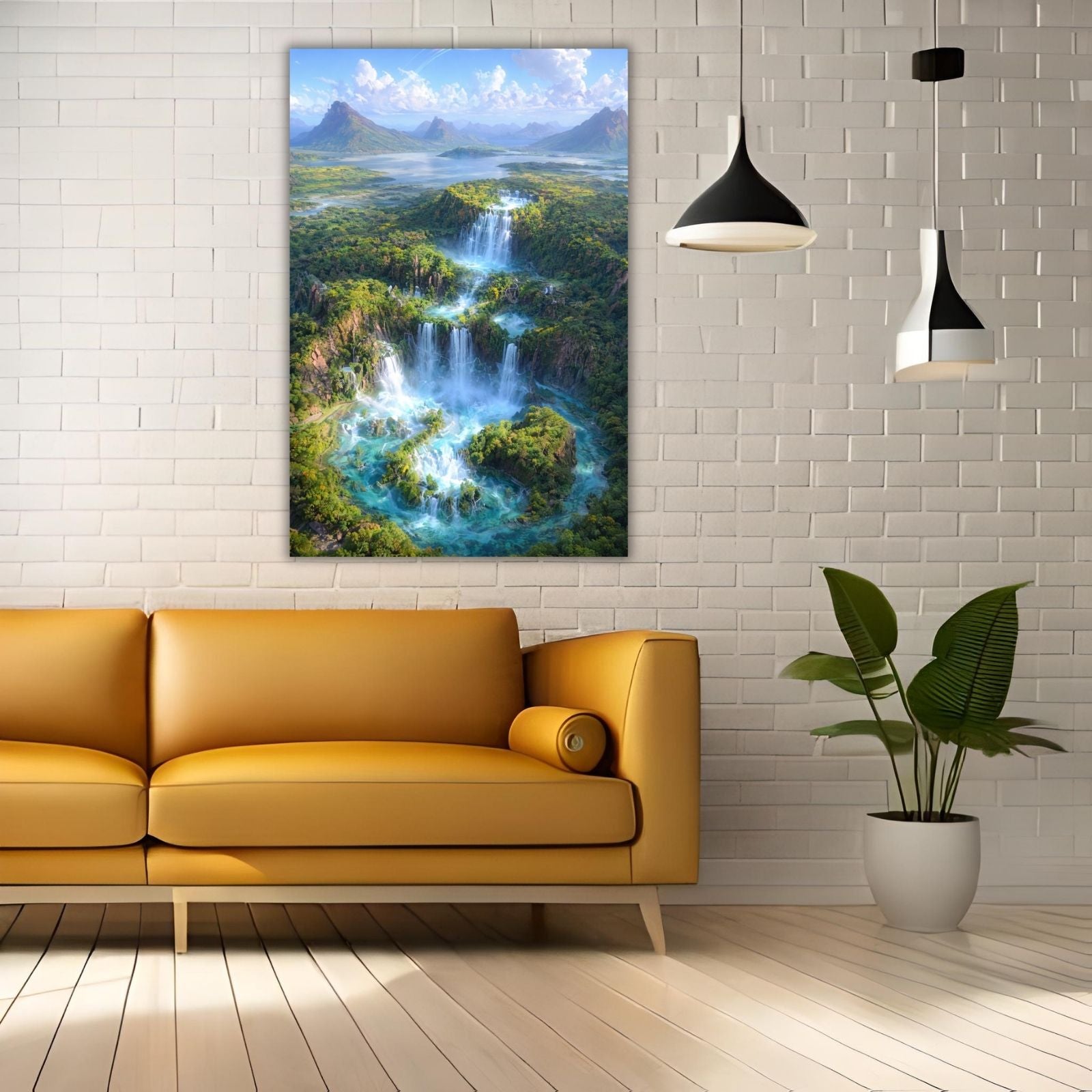 A panoramic surreal landscape painting showing an aerial view of turquoise waterfalls cascading through lush green islands into a mountain lake under a blue sky.