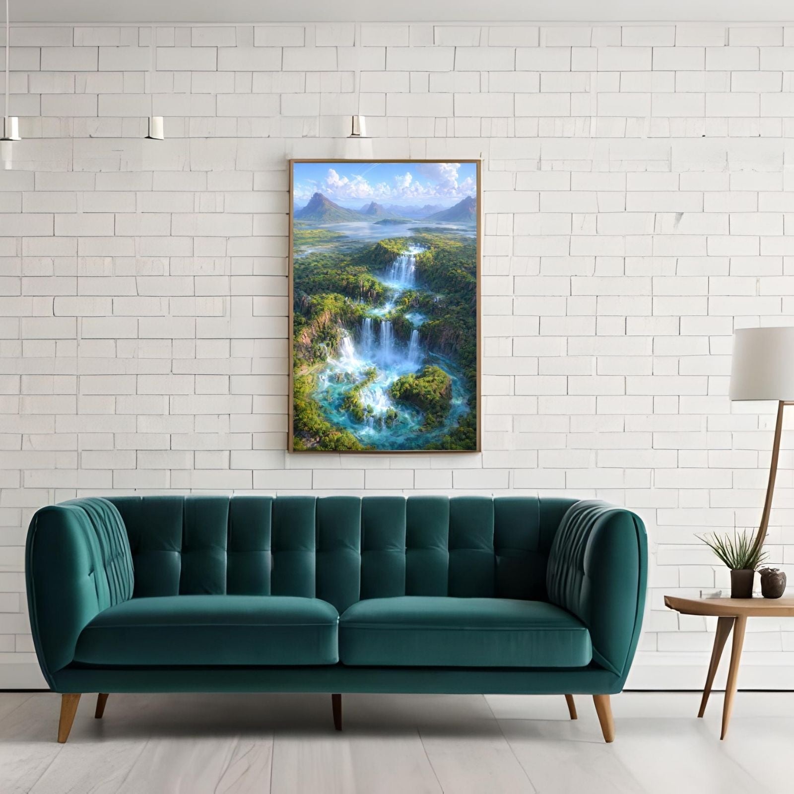 A panoramic surreal landscape painting showing an aerial view of turquoise waterfalls cascading through lush green islands into a mountain lake under a blue sky.