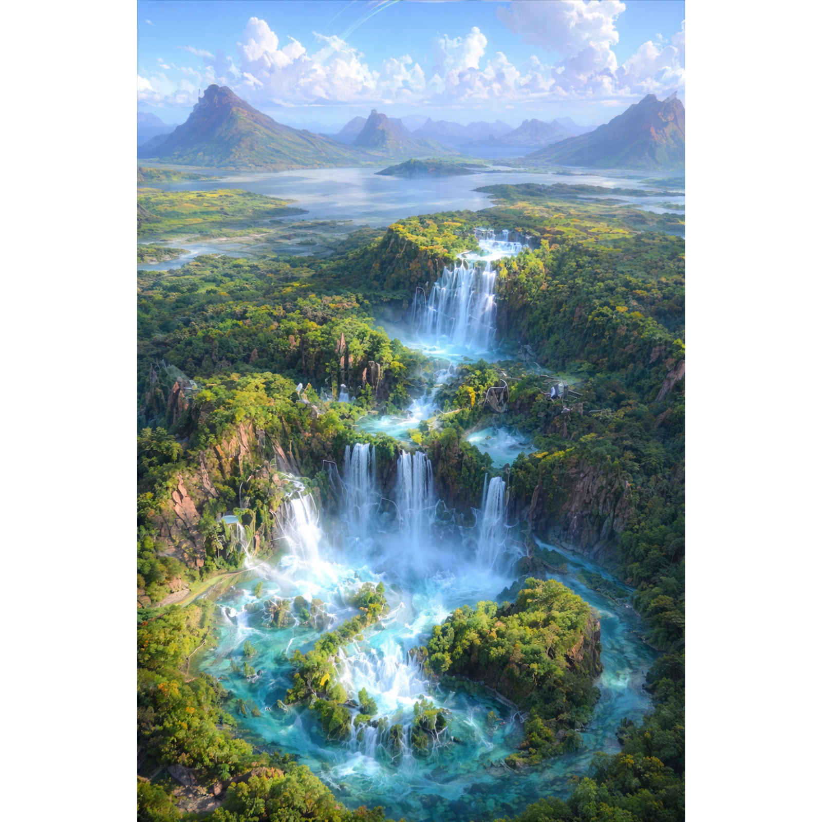 A panoramic surreal landscape painting showing an aerial view of turquoise waterfalls cascading through lush green islands into a mountain lake under a blue sky.