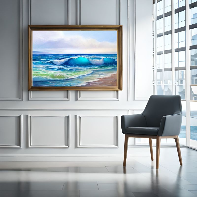 Modern living room with a beige sofa, colorful pillows, and a large framed artwork of a beach scene.