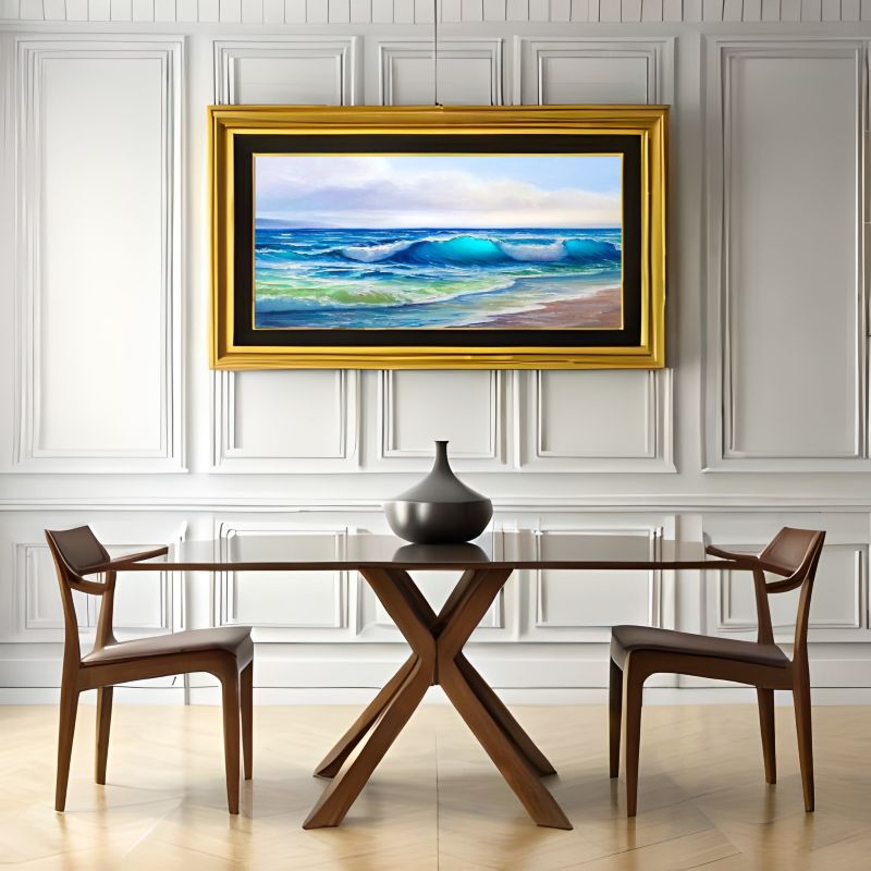 Modern living room with a beige sofa, colorful pillows, and a large framed artwork of a beach scene.