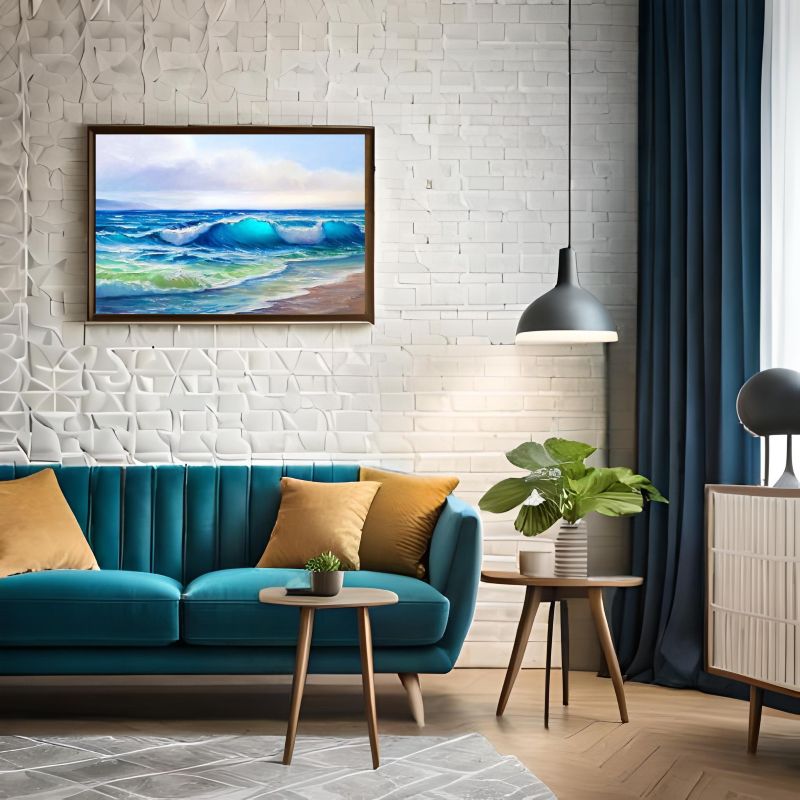 Modern living room with a beige sofa, colorful pillows, and a large framed artwork of a beach scene.
