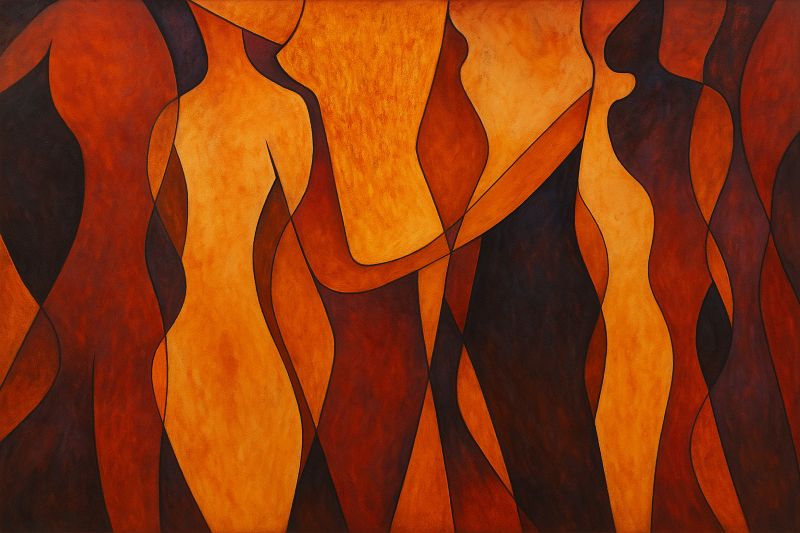 Abstract painting of female silhouettes in burnt orange and brown