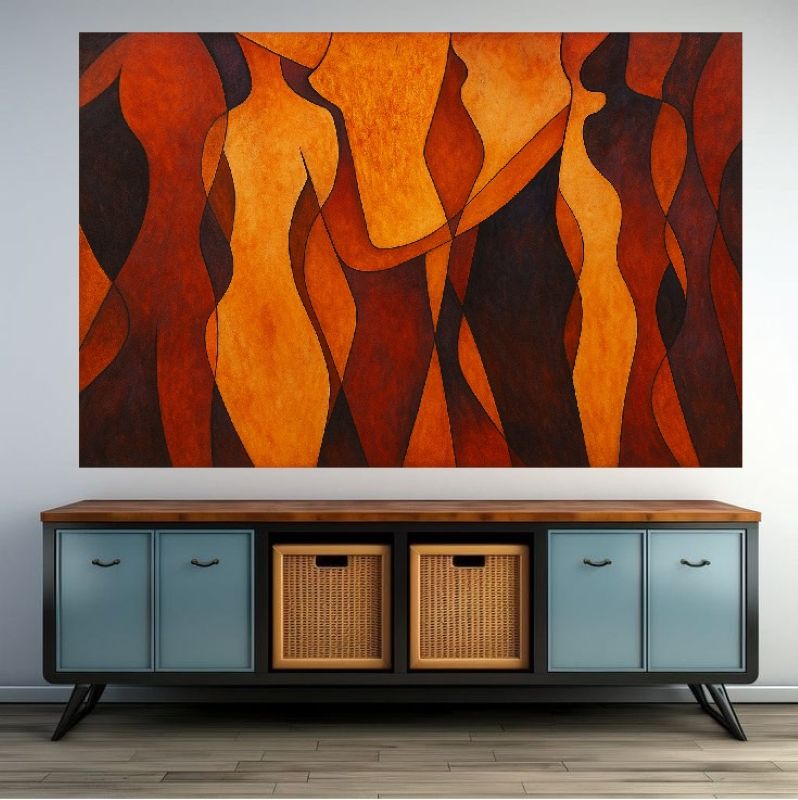 Abstract painting of female silhouettes in burnt orange and brown