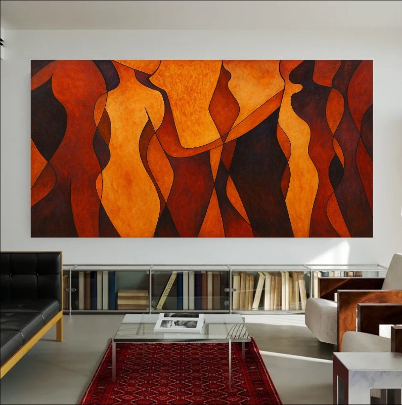 Abstract painting of female silhouettes in burnt orange and brown