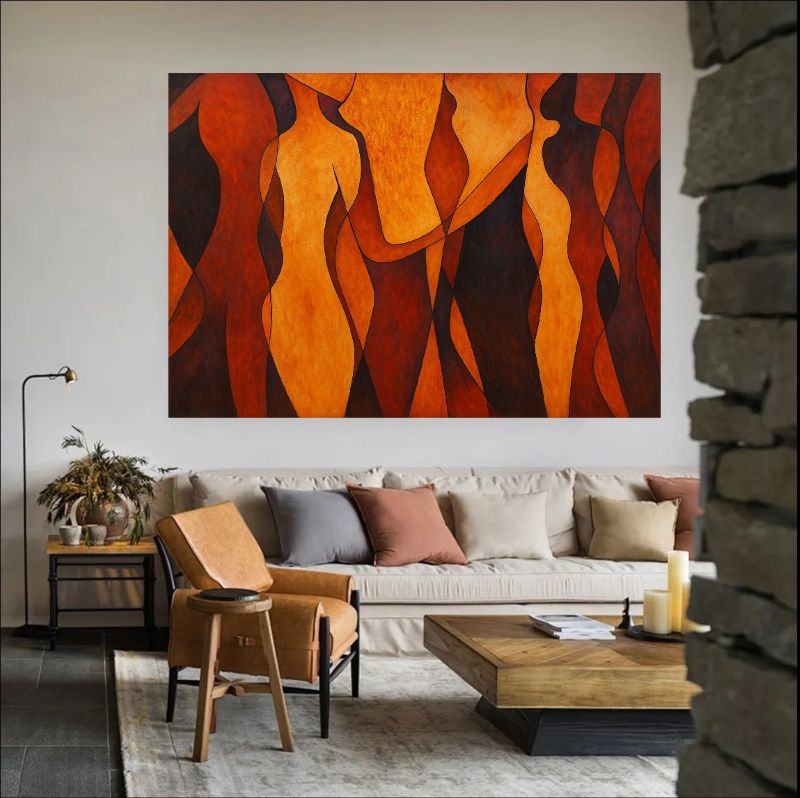 Abstract painting of female silhouettes in burnt orange and brown