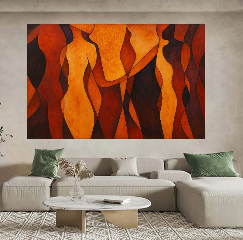 Abstract painting of female silhouettes in burnt orange and brown