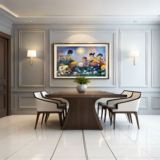 Dining room with a wooden table and chairs, wall art, and decorative elements.