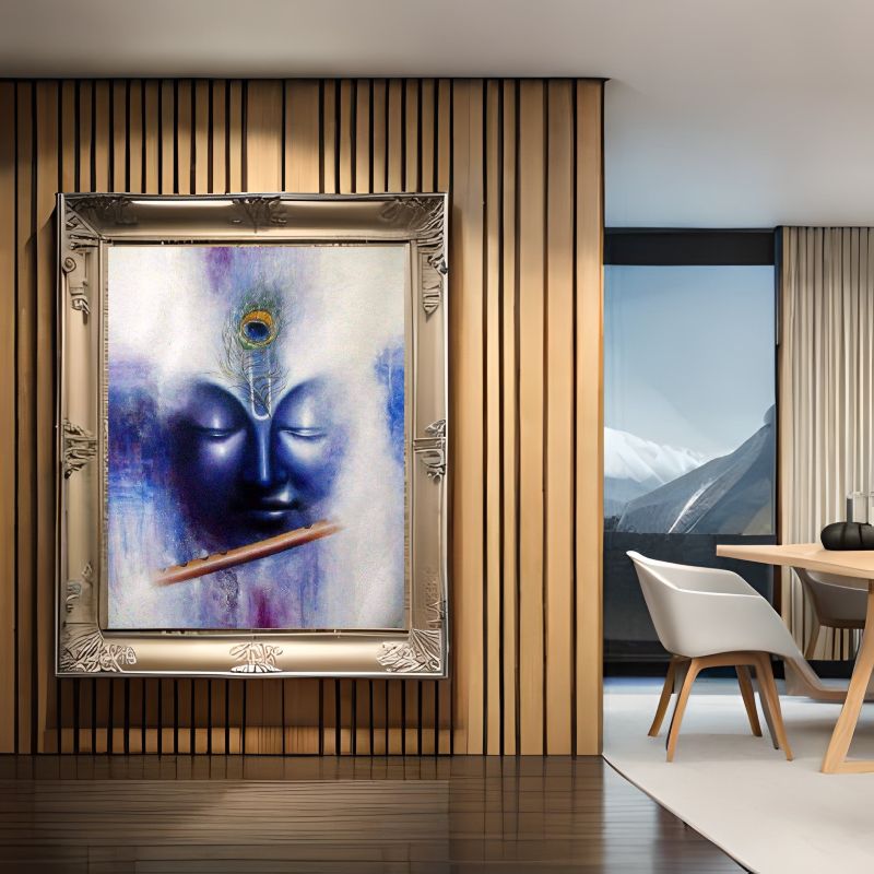 Decorative painting of a Krishna with a feather in an ornate frame on a wall.