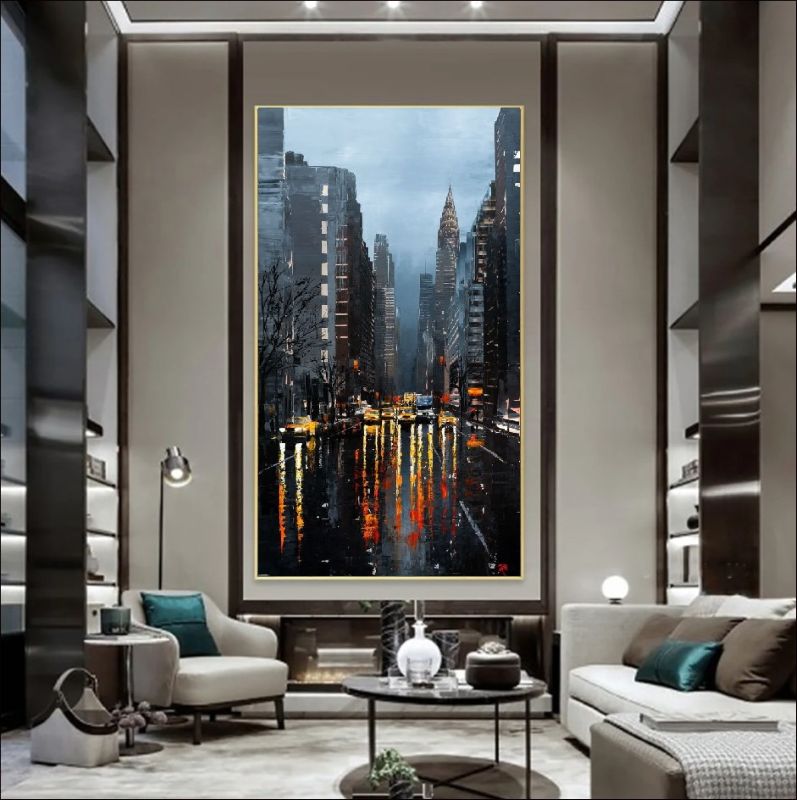 Modern living room with a large cityscape painting on the wall