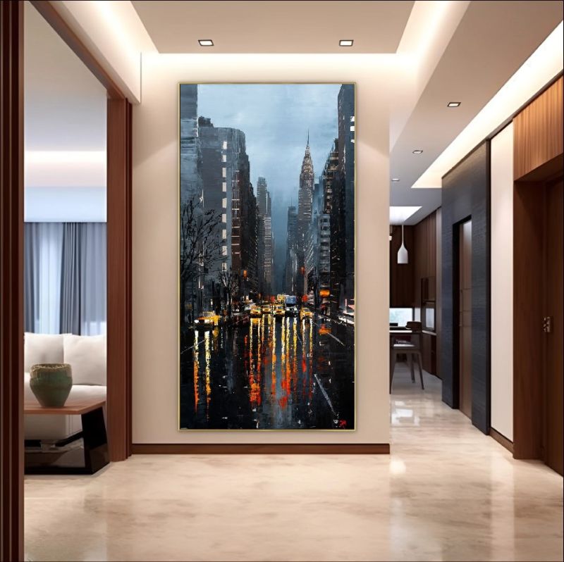 Modern living room with a large cityscape painting on the wall