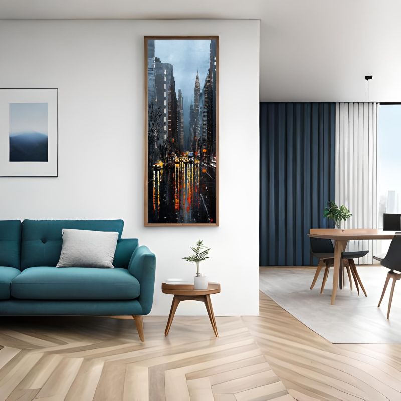Modern living room with a large cityscape painting on the wall