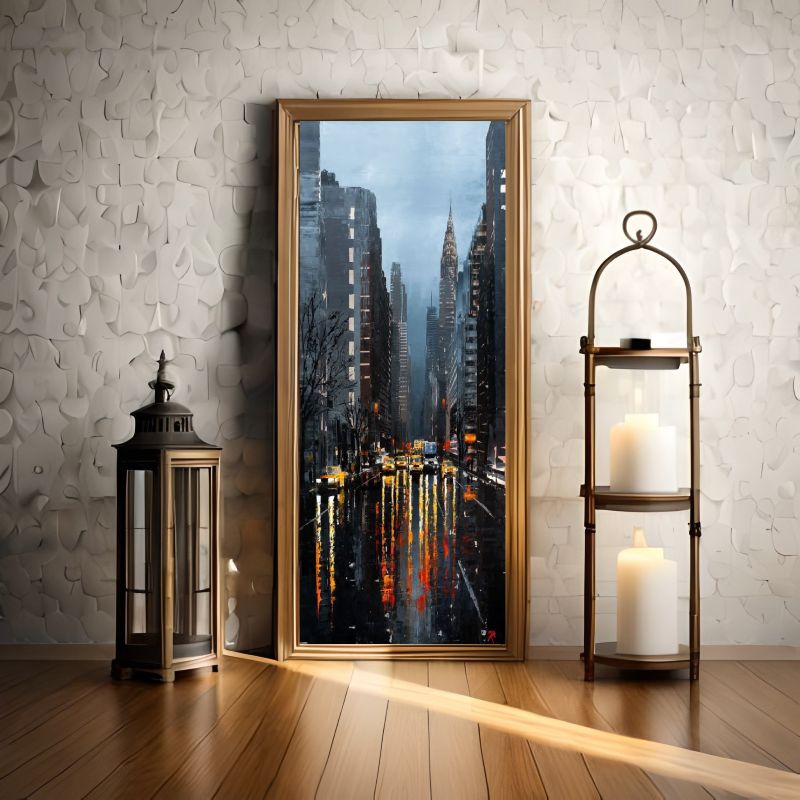 Modern living room with a large cityscape painting on the wall