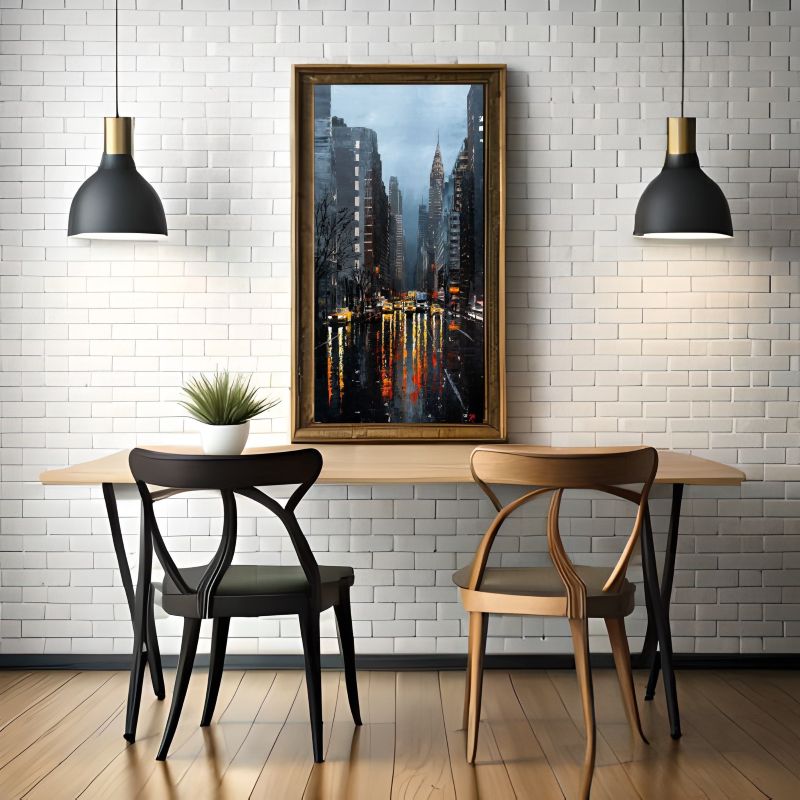 Modern living room with a large cityscape painting on the wall
