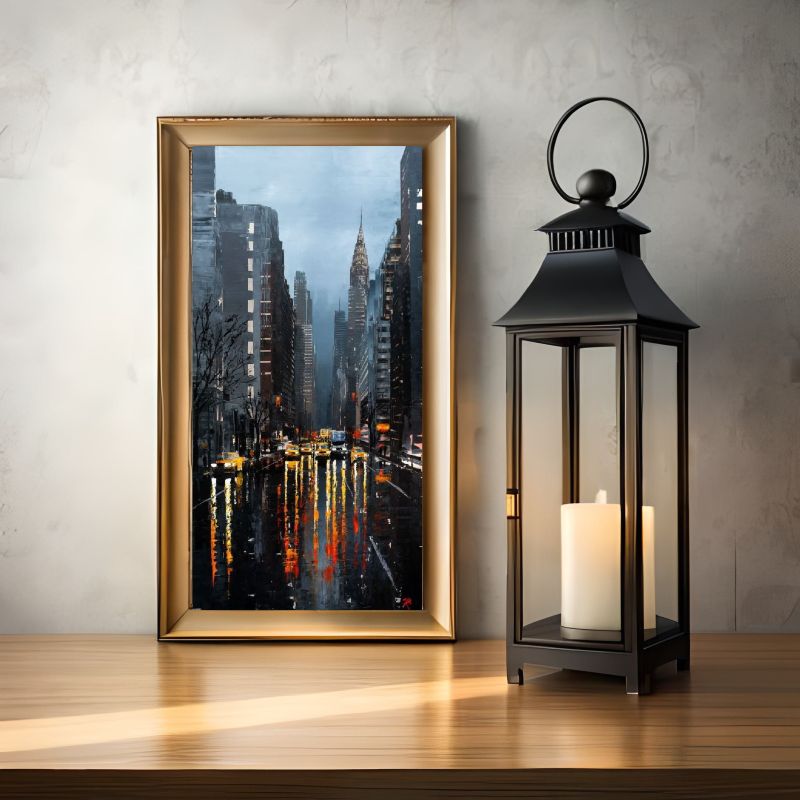 Modern living room with a large cityscape painting on the wall