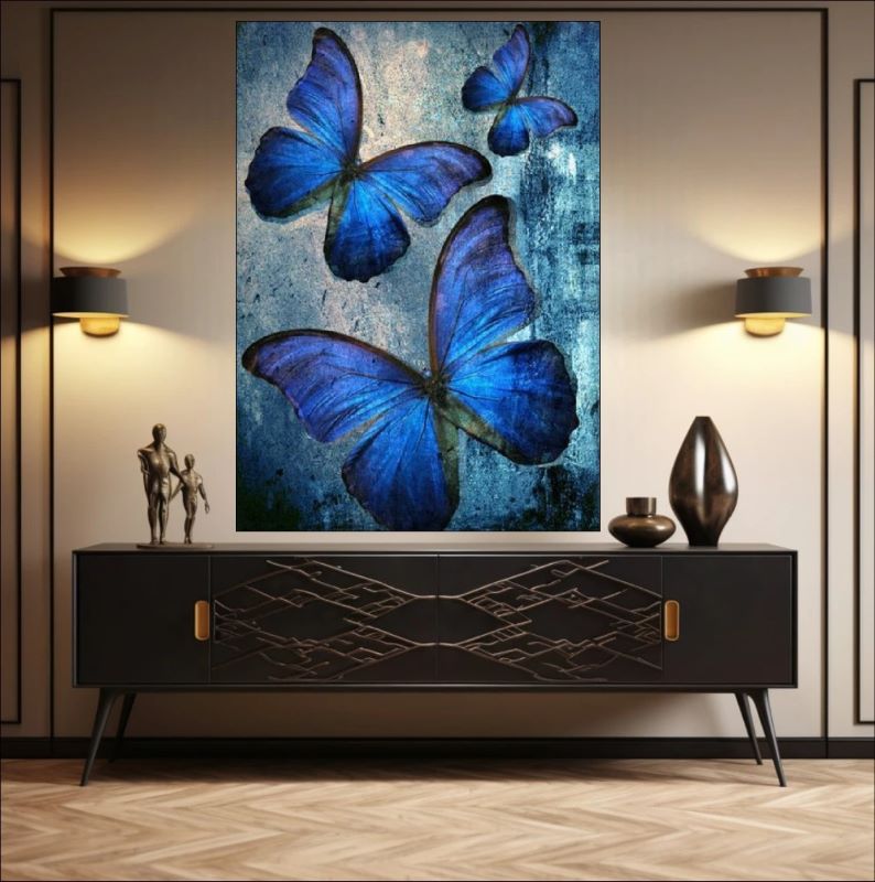 Textured painting of three vibrant Blue Morpho butterflies flying against a grunge blue and grey background, calming nature wall art.