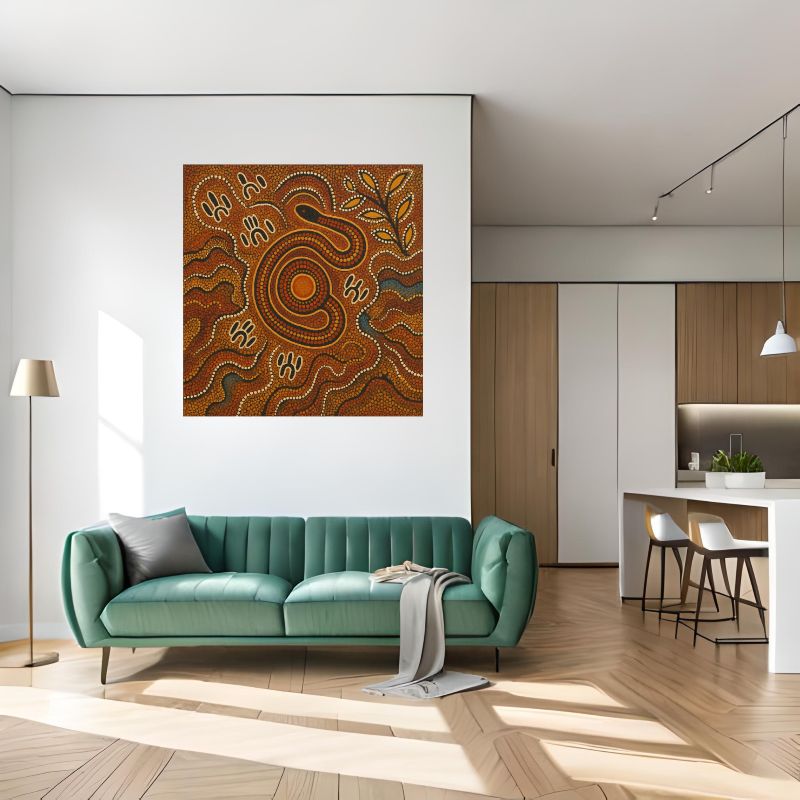 Aboriginal dot painting of the Rainbow Serpent in earthy ochre tones, featuring traditional indigenous symbols and animal tracks, Australian cultural wall art.