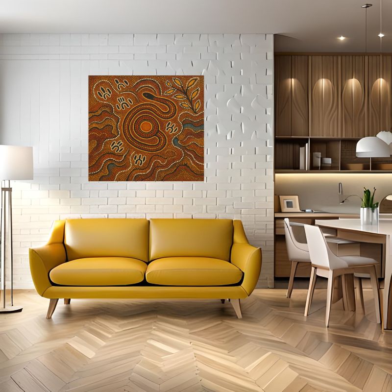 Aboriginal dot painting of the Rainbow Serpent in earthy ochre tones, featuring traditional indigenous symbols and animal tracks, Australian cultural wall art.