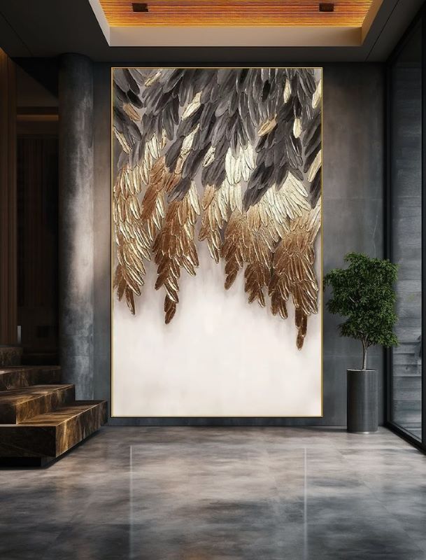 Abstract painting of cascading feathers transitioning from deep black to shimmering metallic gold against a light background, luxury modern wall art style.