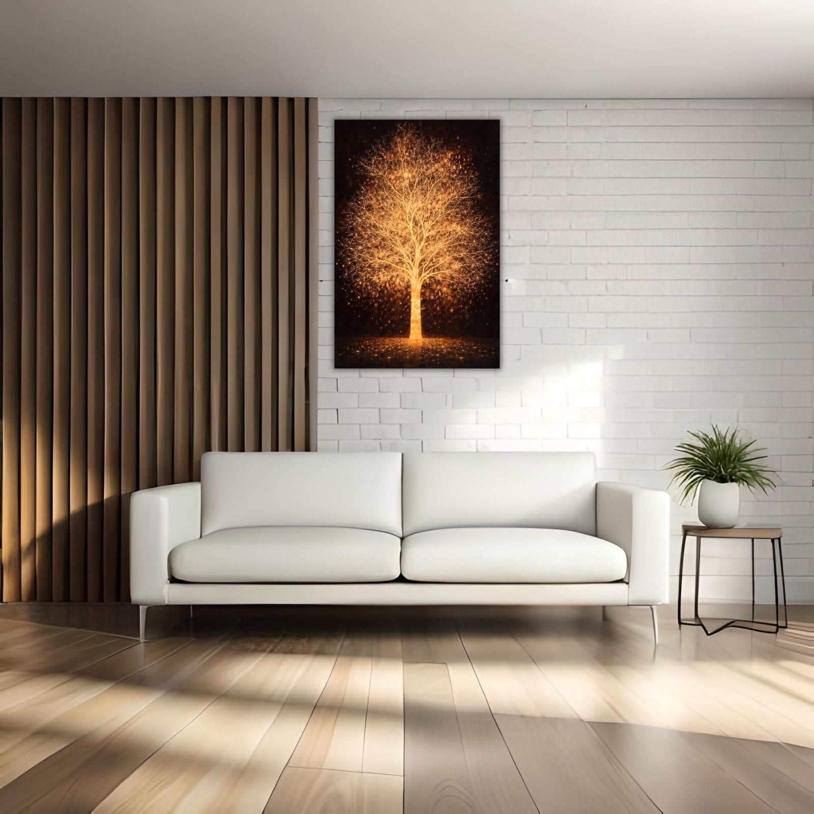 A majestic botanical painting of a tree glowing with golden light and sparks against a dark, textured background.