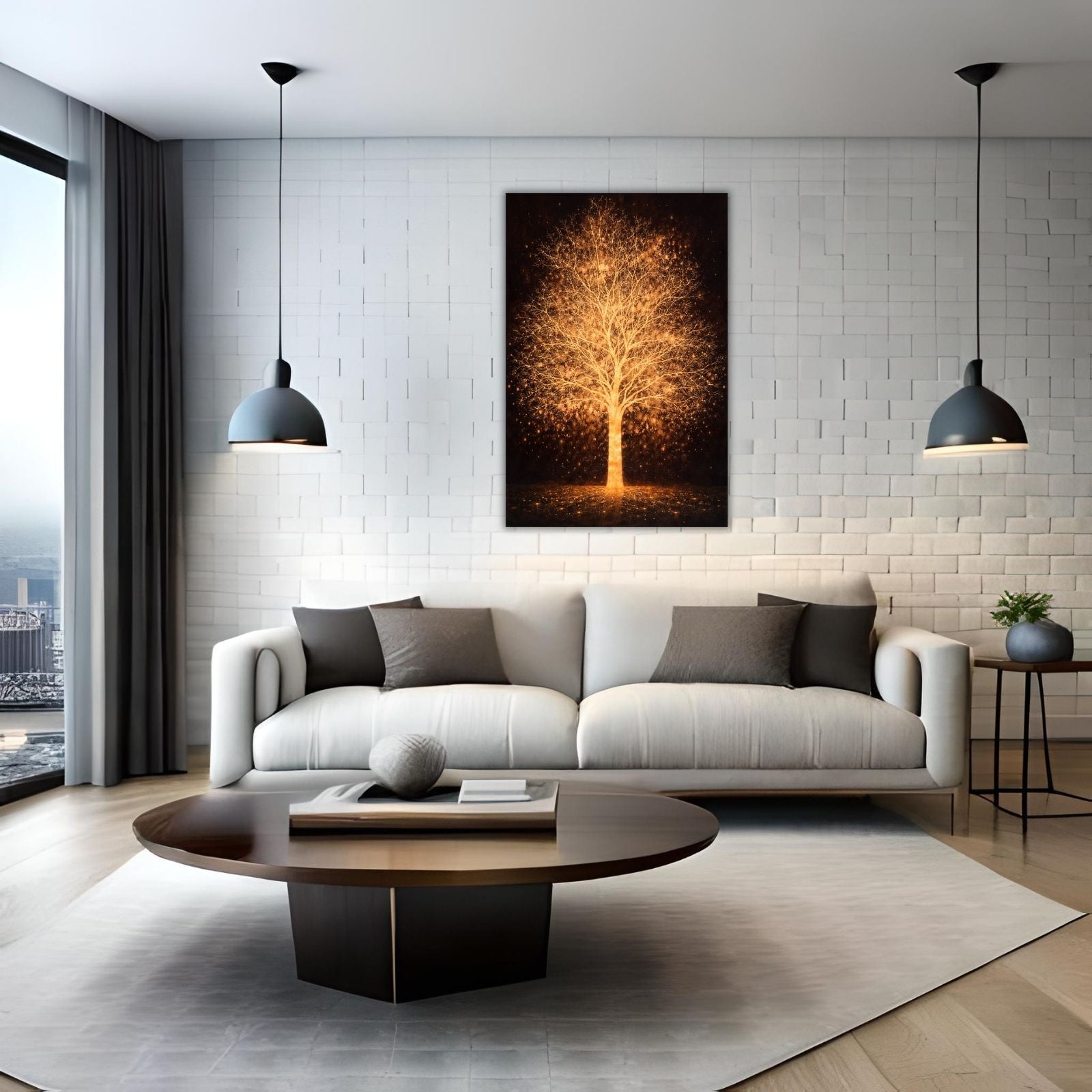 A majestic botanical painting of a tree glowing with golden light and sparks against a dark, textured background.