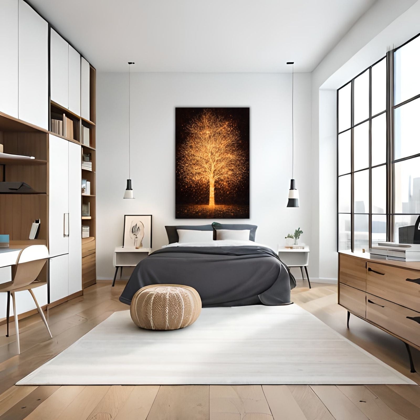 A majestic botanical painting of a tree glowing with golden light and sparks against a dark, textured background.