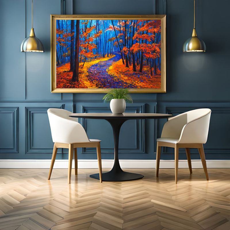 Autumn painting, on blue wall, white chairs and table
