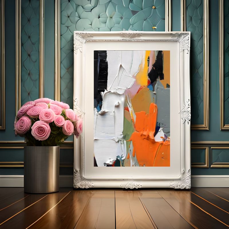 Abstract art painting with orange, white, and black colors.
