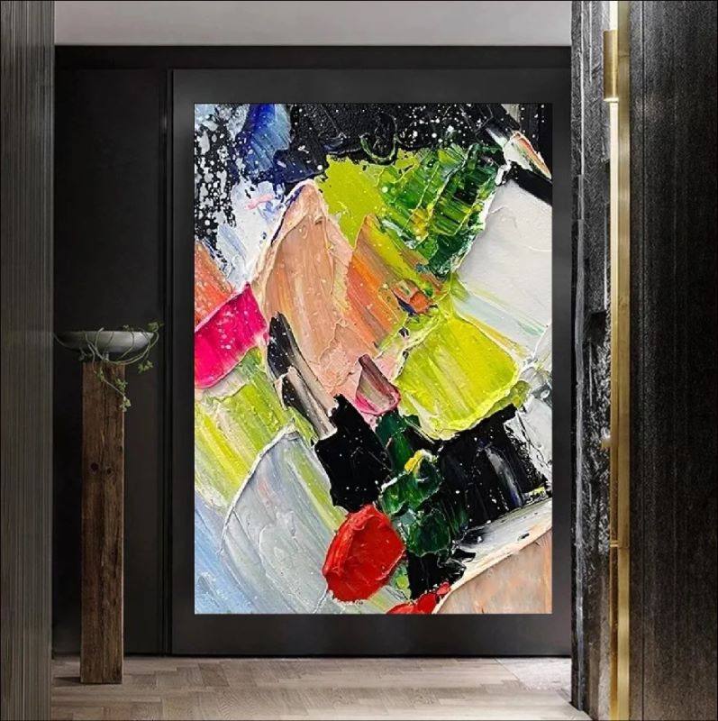 Vibrant abstract painting featuring chaotic impasto strokes of neon green, bright red, yellow, and black, modern expressionist wall art style.