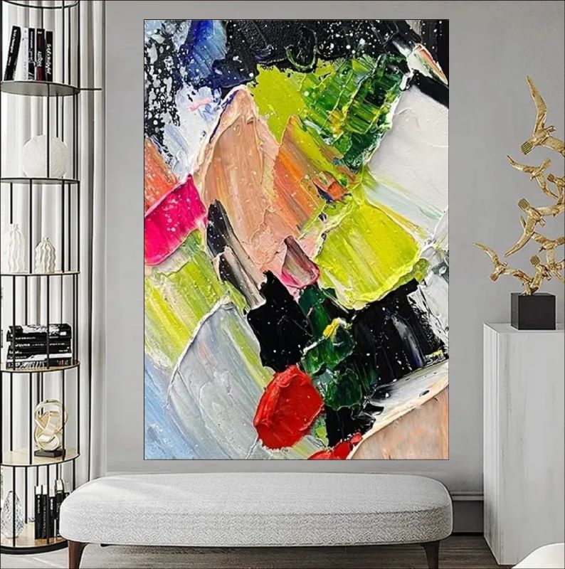 Vibrant abstract painting featuring chaotic impasto strokes of neon green, bright red, yellow, and black, modern expressionist wall art style.
