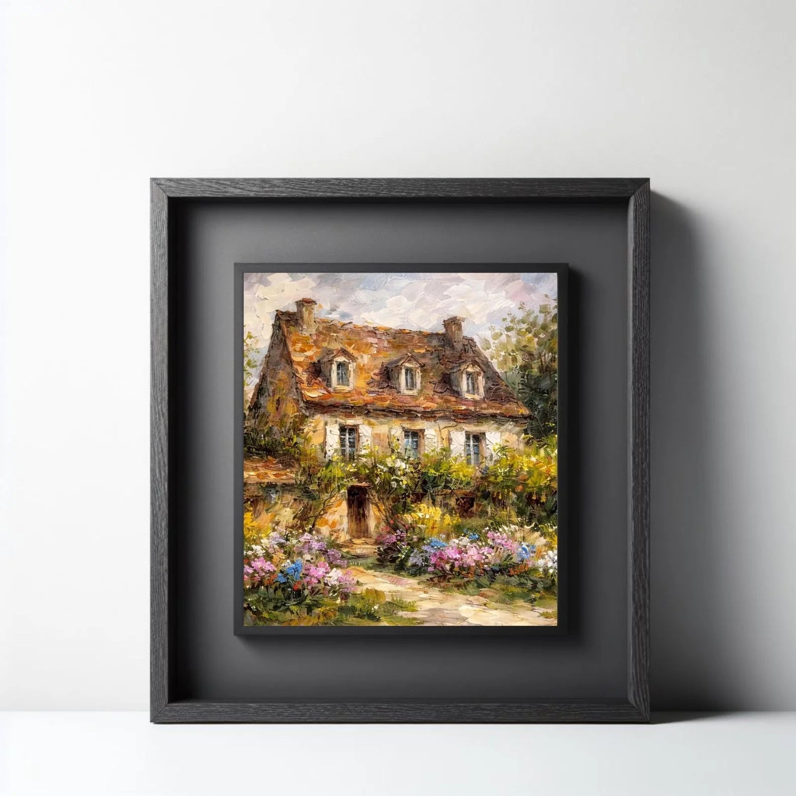 Impressionist oil painting of a quaint European stone cottage with a blooming flower garden, featuring heavy palette knife textures and warm sunlight.