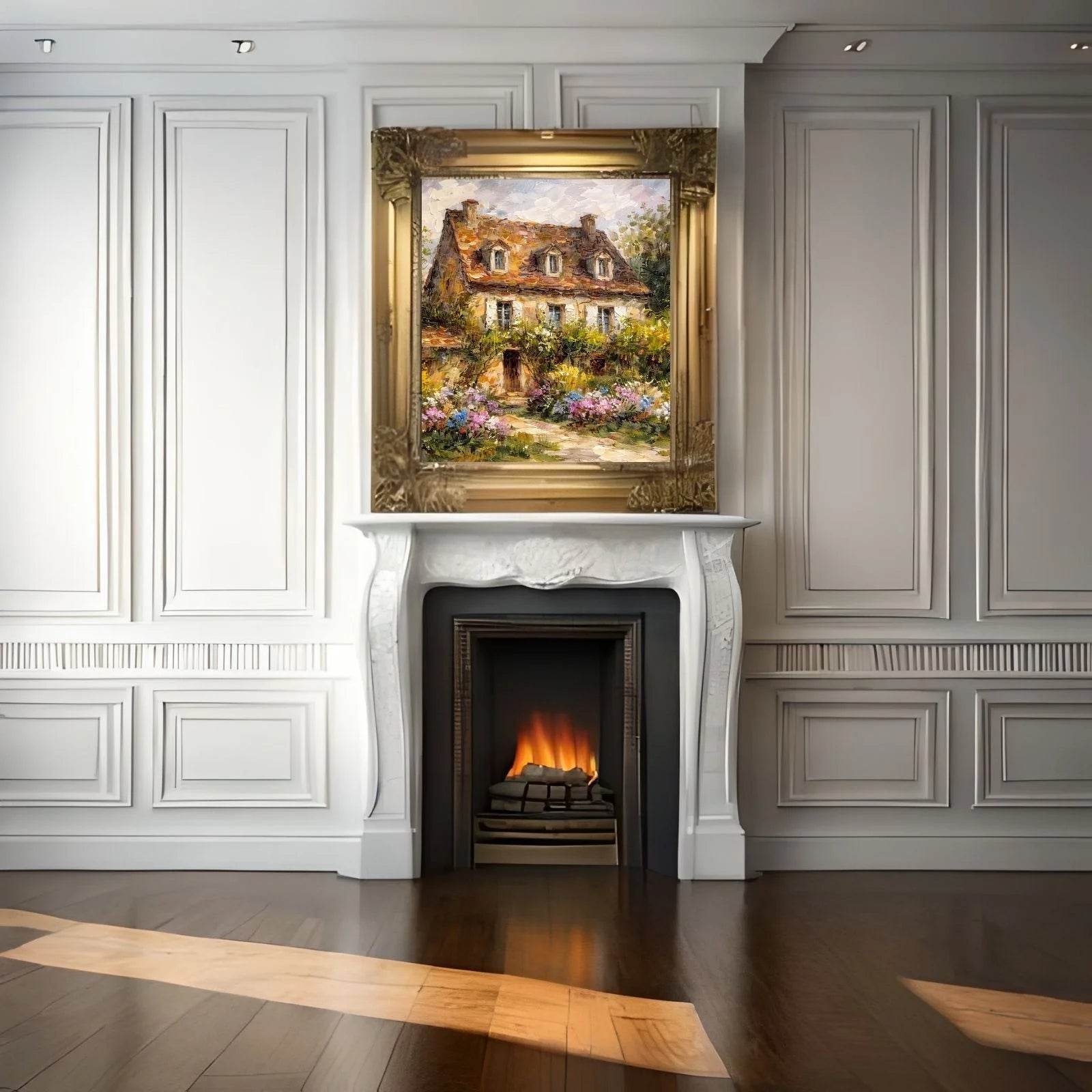 Impressionist oil painting of a quaint European stone cottage with a blooming flower garden, featuring heavy palette knife textures and warm sunlight.