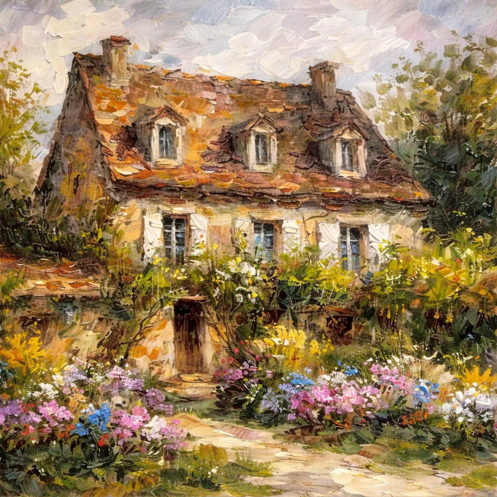 Impressionist oil painting of a quaint European stone cottage with a blooming flower garden, featuring heavy palette knife textures and warm sunlight.