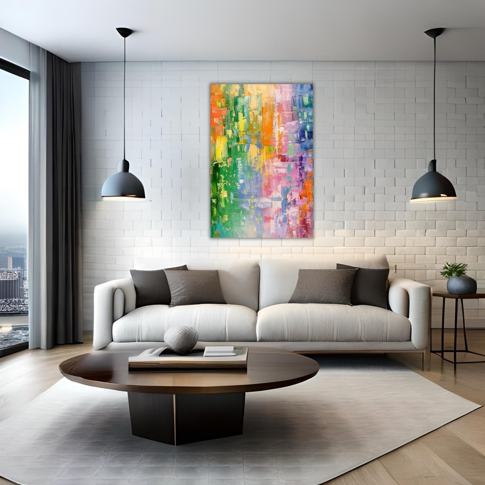 Abstract square painting with textured gold leaf accents over a soft blue and cream background, resembling a sun-drenched coastal horizon.