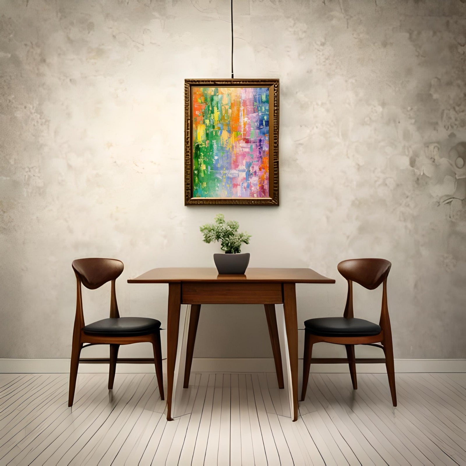 Abstract square painting with textured gold leaf accents over a soft blue and cream background, resembling a sun-drenched coastal horizon.