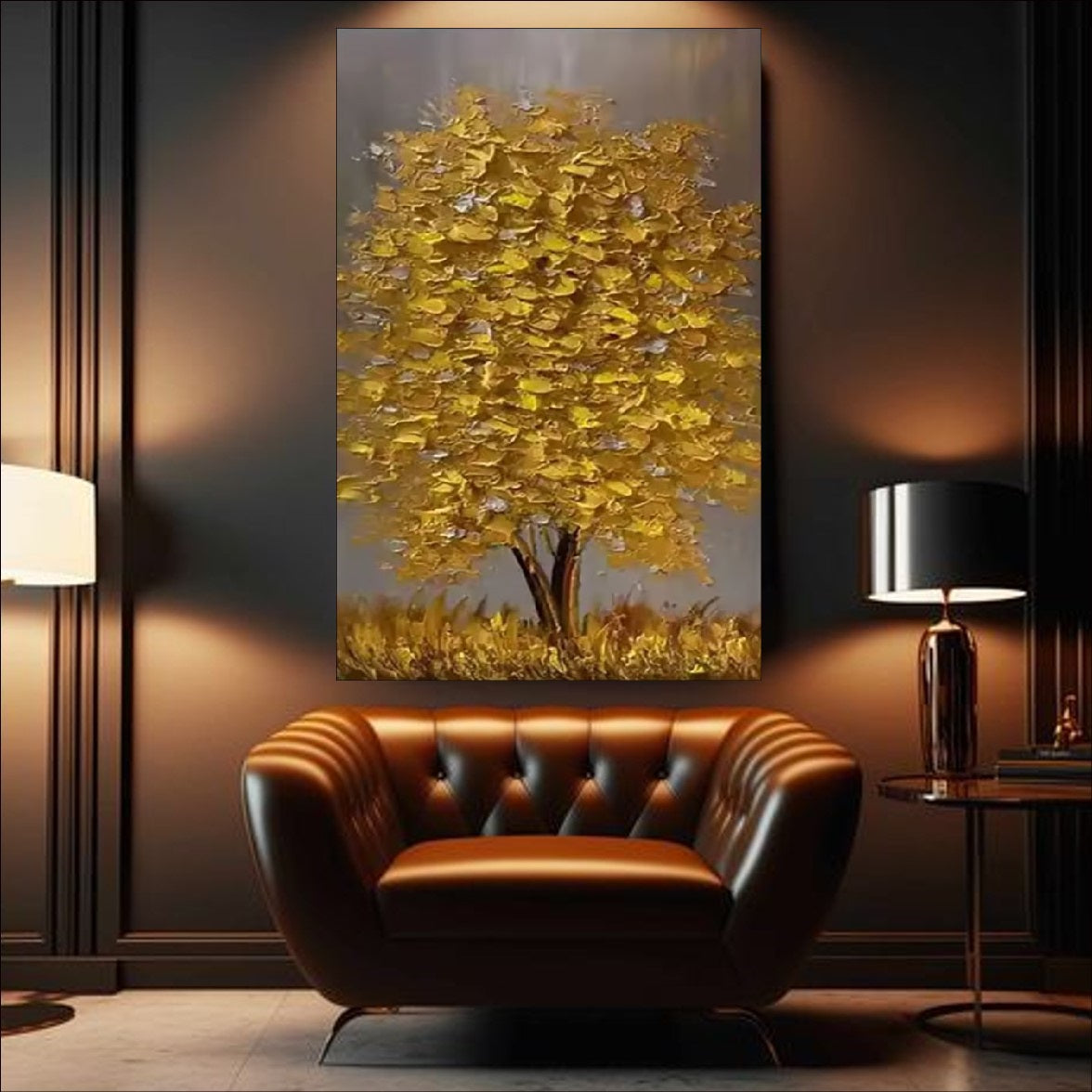 Abstract golden tree painting with thick textured leaves – available as handmade canvas or fine art print for modern and luxury interior decor.