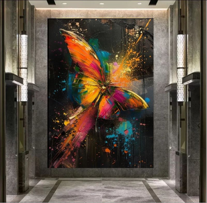 Vibrant abstract painting of a colorful butterfly with neon orange, pink, and blue wings featuring dynamic paint splatters against a dark background, modern art style.