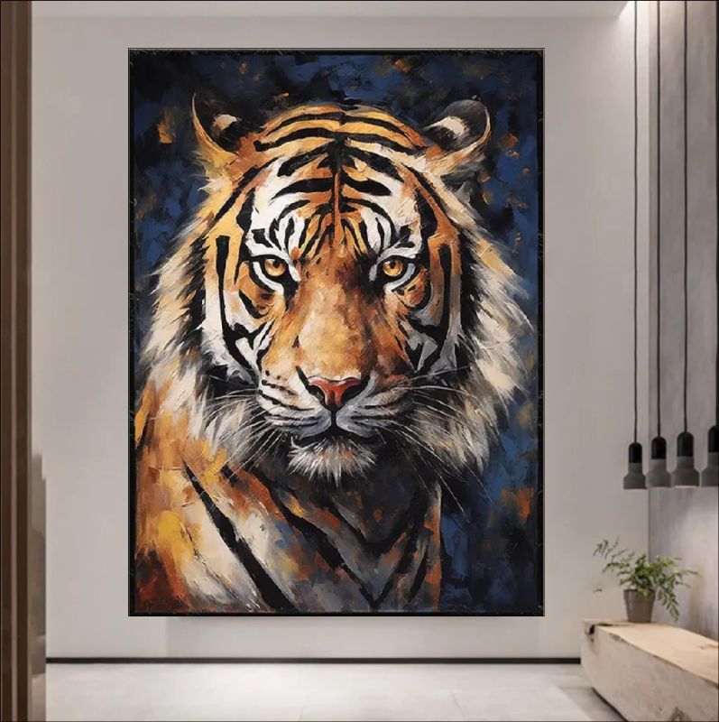 Framed painting of a tiger's face on a wall in a modern interior setting.