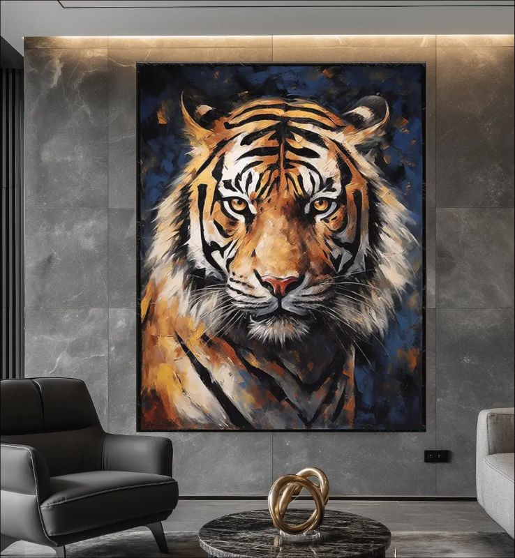 Framed painting of a tiger on a wall in a modern interior setting.