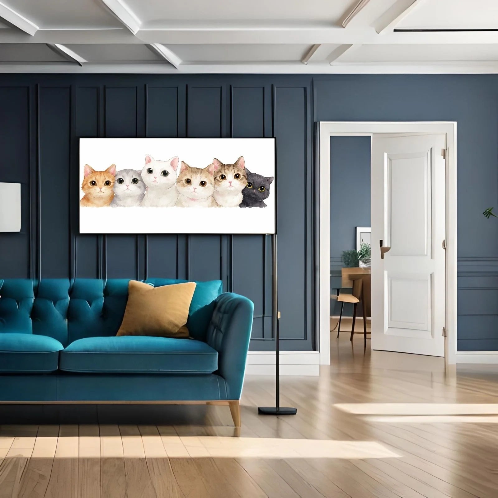 A minimalist watercolor painting featuring a row of six adorable kittens with large expressive eyes in ginger, white, grey, and black tones.