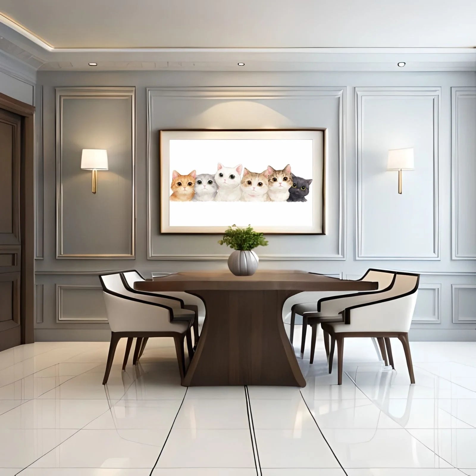 A minimalist watercolor painting featuring a row of six adorable kittens with large expressive eyes in ginger, white, grey, and black tones.