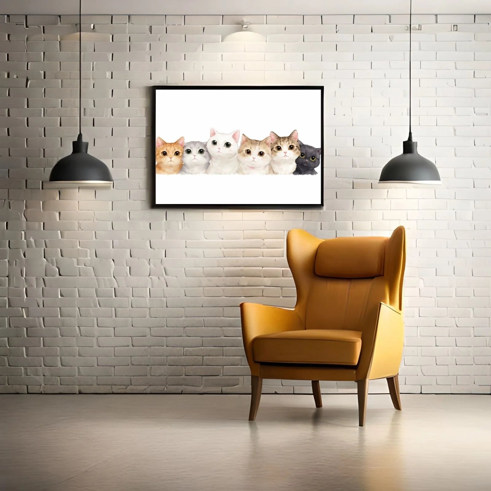 A minimalist watercolor painting featuring a row of six adorable kittens with large expressive eyes in ginger, white, grey, and black tones.