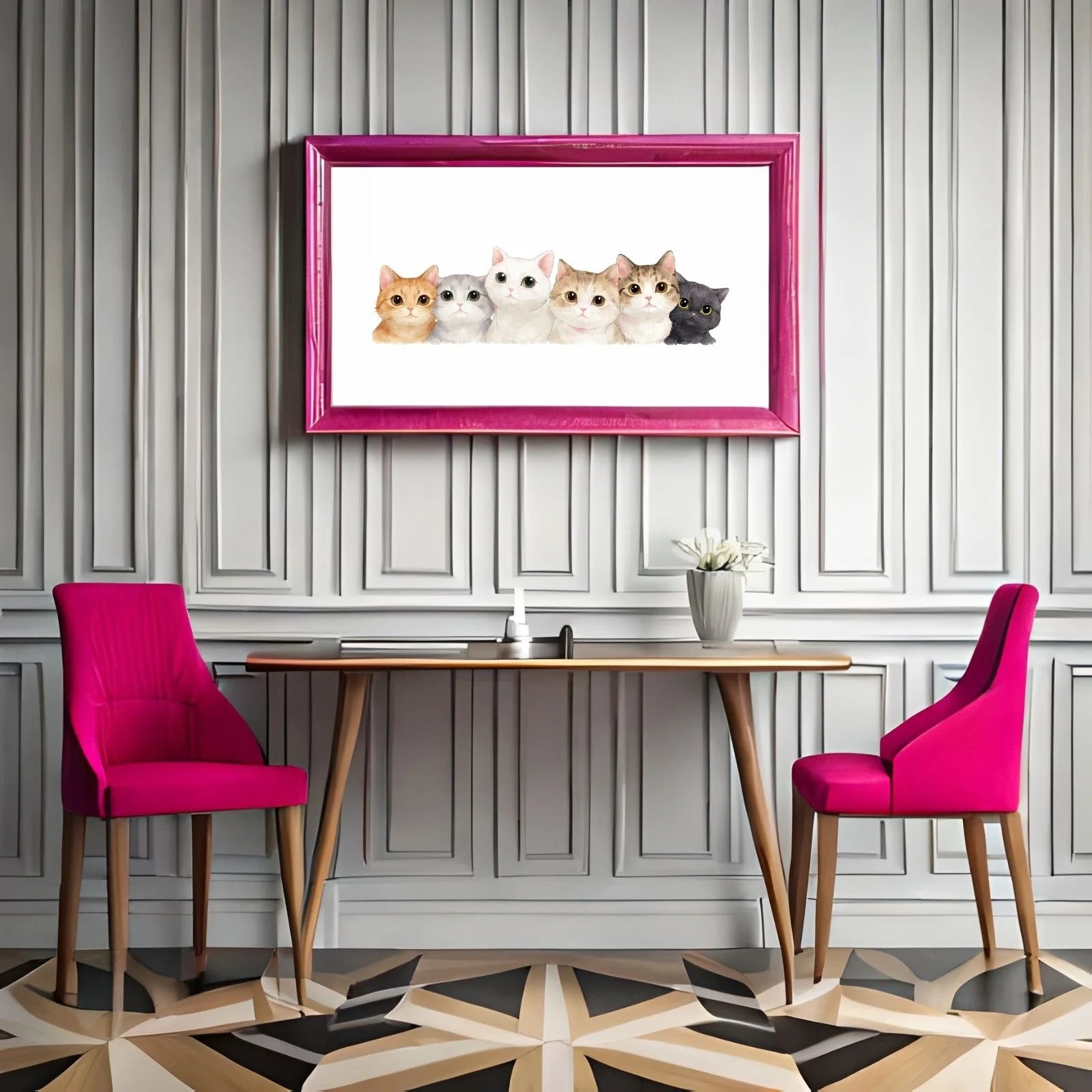 A minimalist watercolor painting featuring a row of six adorable kittens with large expressive eyes in ginger, white, grey, and black tones.