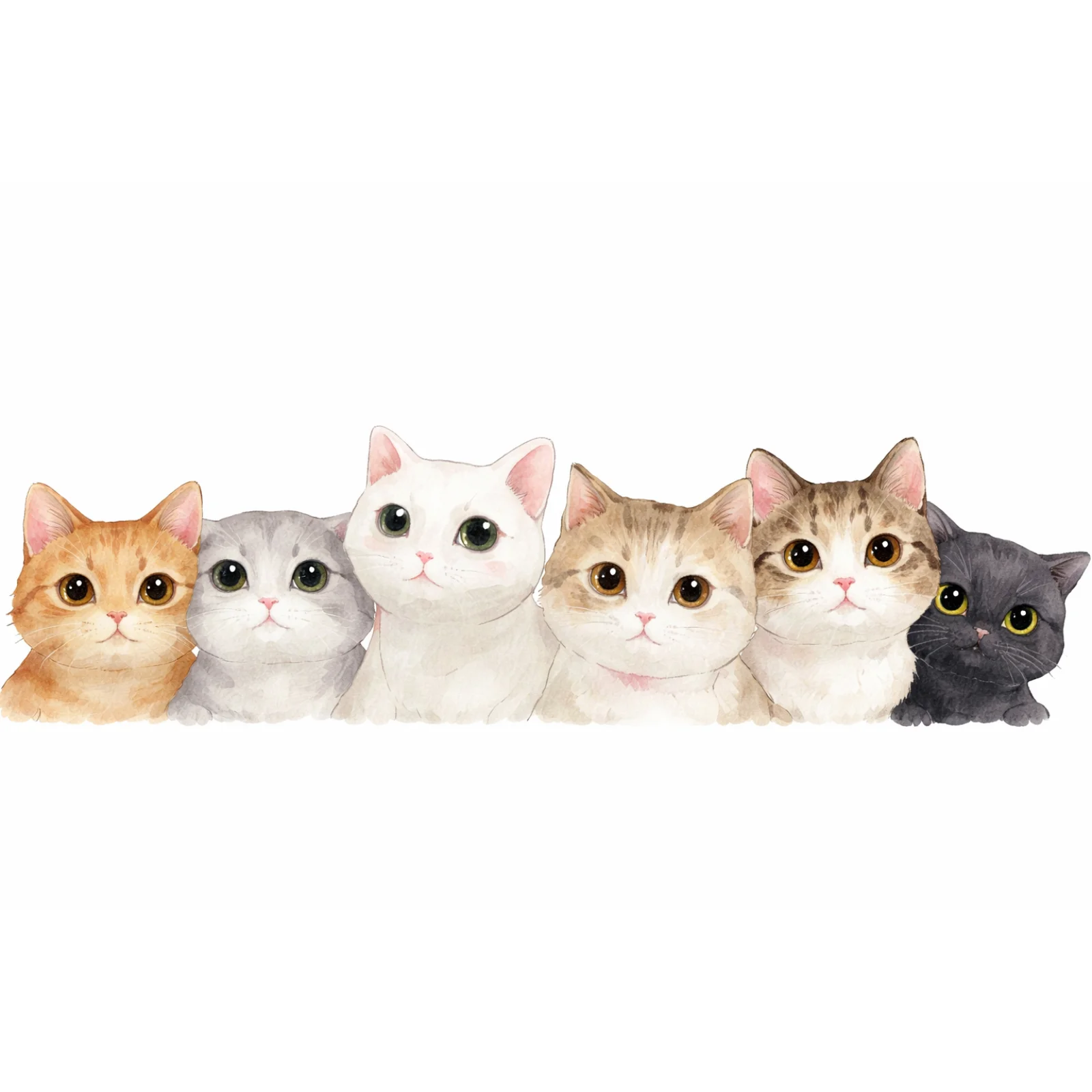 A minimalist watercolor painting featuring a row of six adorable kittens with large expressive eyes in ginger, white, grey, and black tones.