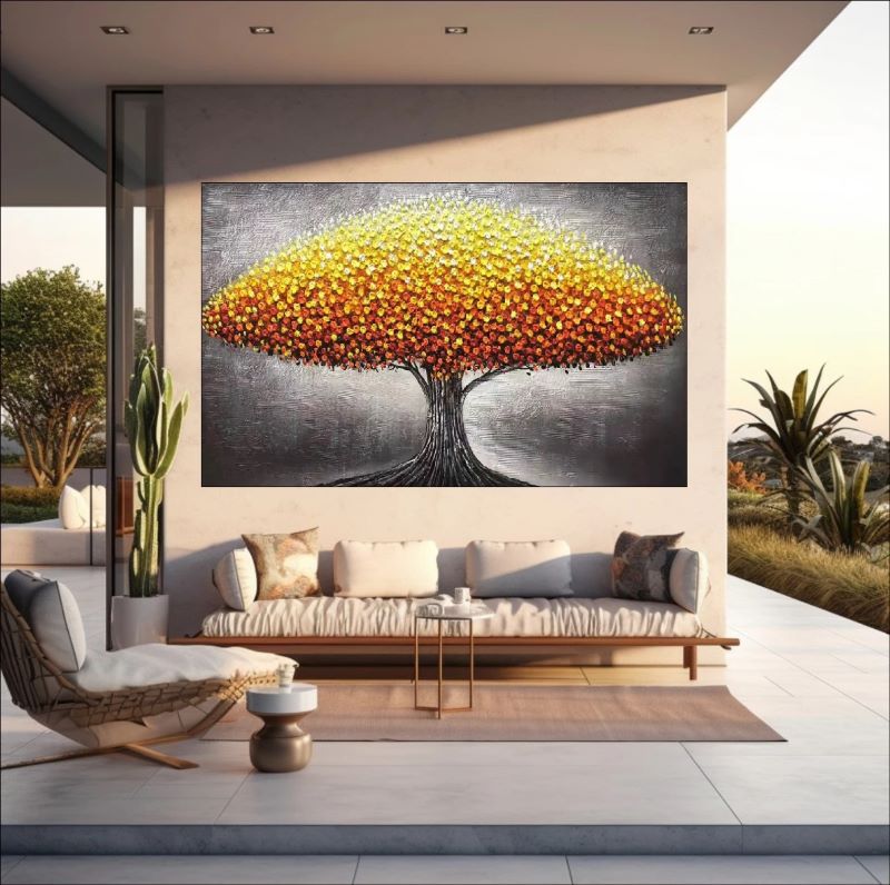 Vibrant abstract tree wall art with red, orange, and yellow flowers – available as handmade textured canvas or fine art print for bold modern interiors.