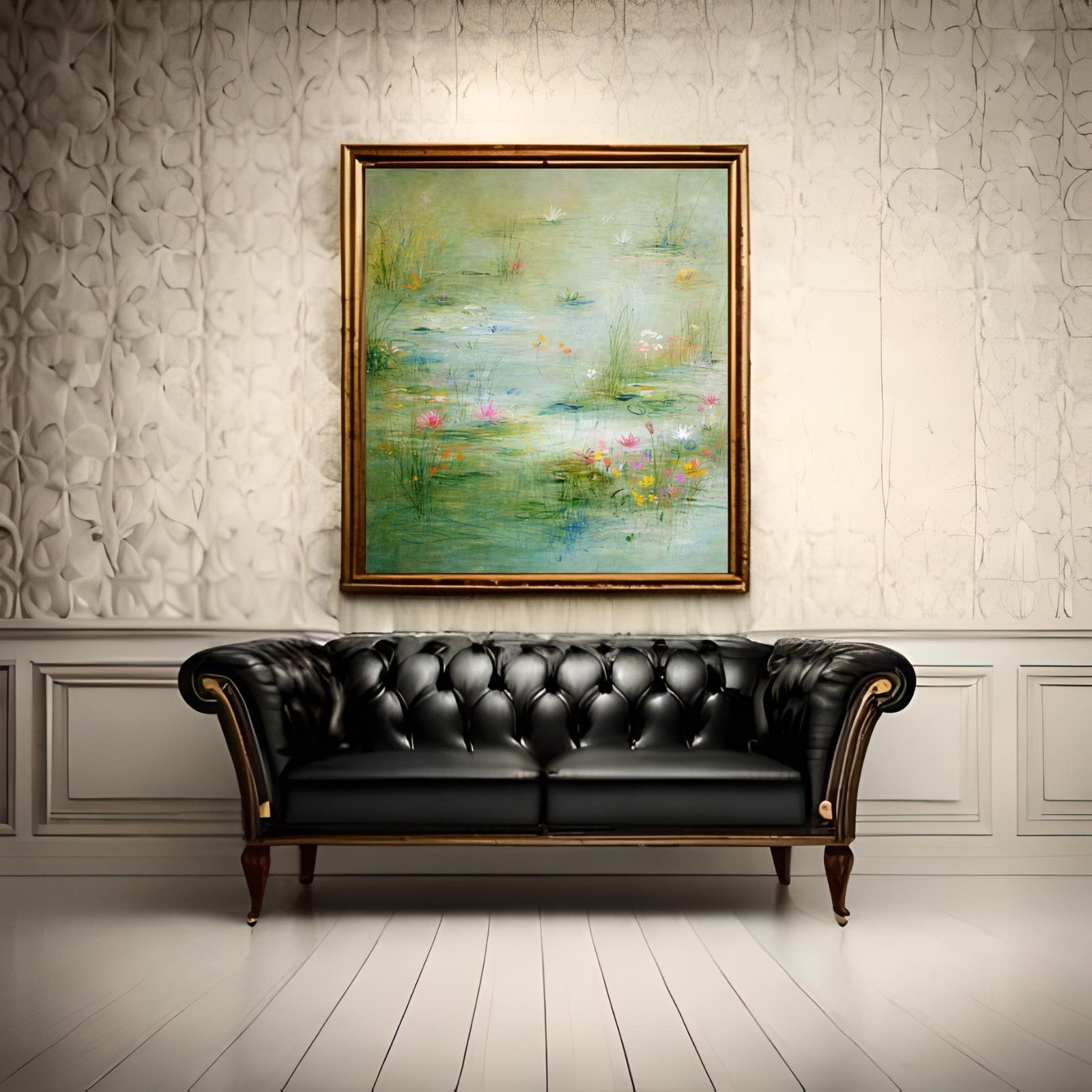 Impressionist oil painting of a peaceful green pond with pink and yellow water lilies, featuring soft textures and nature-inspired tones.